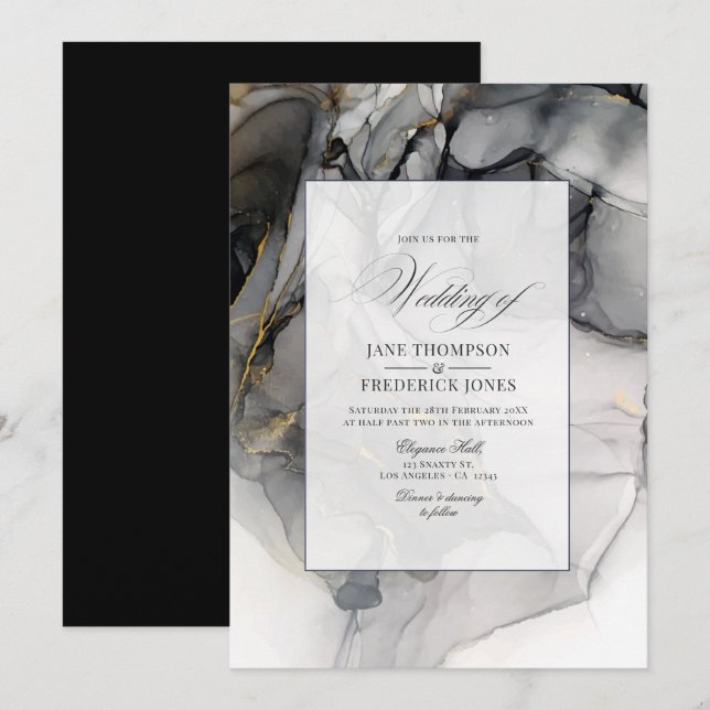 Invitación de boda con tinta de alcohol negra y do (Anverso / Reverso)