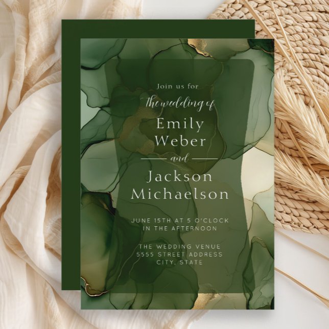 Invitación de Boda con Tinta de Alcohol Verde Oliv (Emerald and olive green alcohol ink wedding invitation)