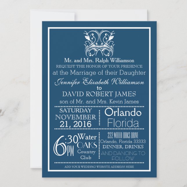 Invitación de boda con tipografía azul profundo vi (Anverso)