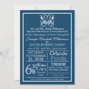Invitación de boda con tipografía azul profundo vi