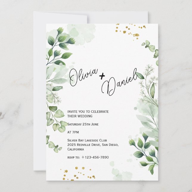Invitación de boda con tipografía de vegetación mo (Anverso)