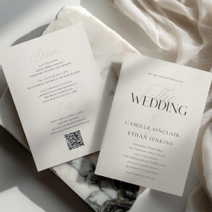 Invitación de boda con tipografía elegante y códig