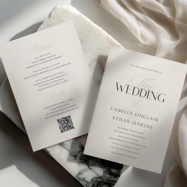 Invitación de boda con tipografía elegante y códig (Modern Editorial Wedding Invitation)