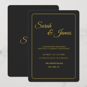 Invitación de boda con tipografía negra y dorada e