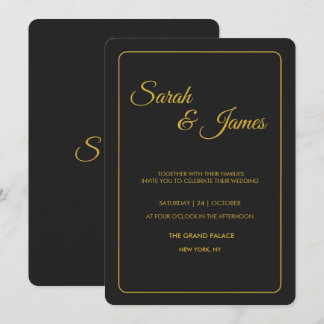 Invitación de boda con tipografía negra y dorada e