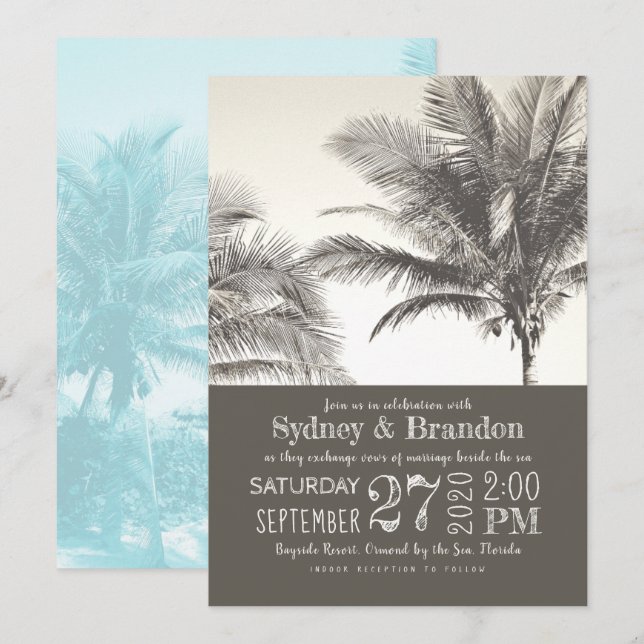 Invitación de boda con tipografía sepia de palmera (Anverso / Reverso)