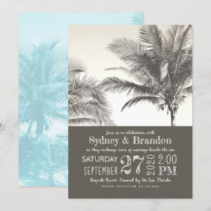 Invitación de boda con tipografía sepia de palmera