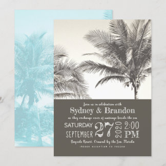 Invitación de boda con tipografía sepia de palmera