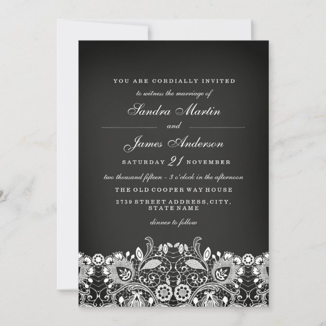 Invitación de boda con tiza y encaje blanco (Anverso)
