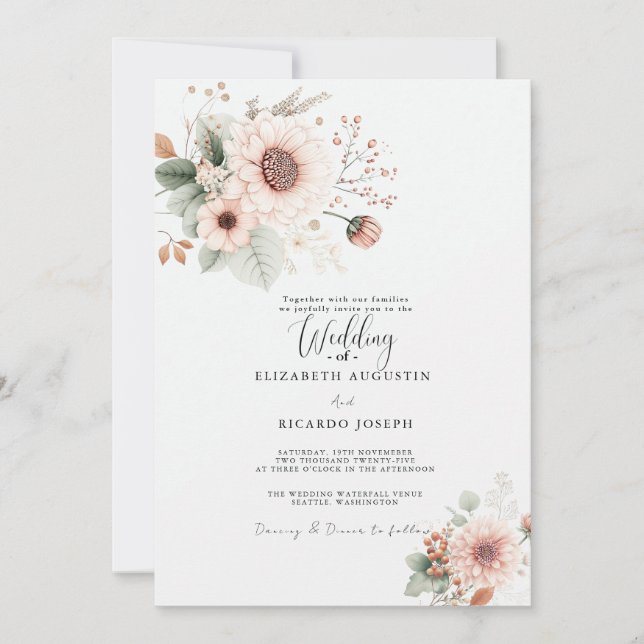 Invitación de Boda con Tono Rosa Polvo Moderno y E (Anverso)