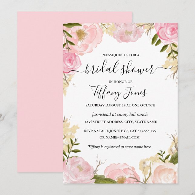 Invitación de boda con toque floral de rubor rosa (Anverso / Reverso)