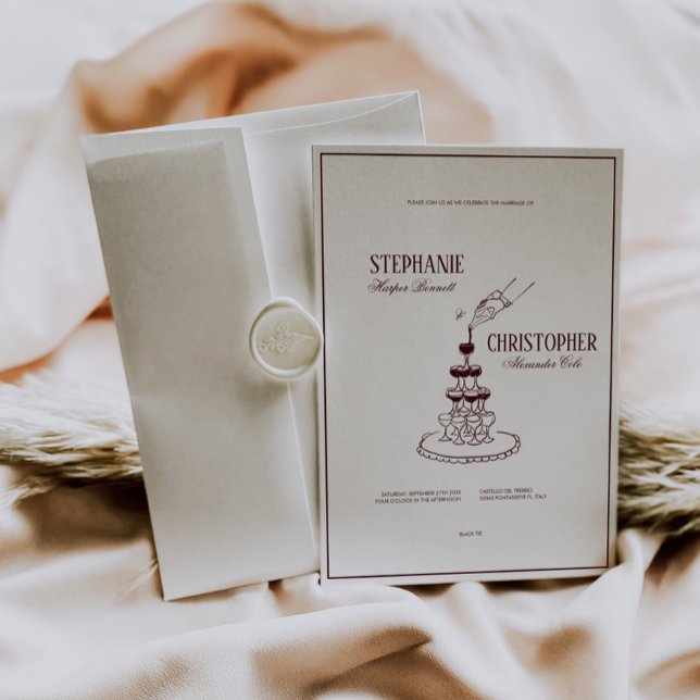 Invitación de boda con torre de champán de Borgoña (burgundy modern retro wedding invitation, hand drawn champagne tower, deep red wedding invite )