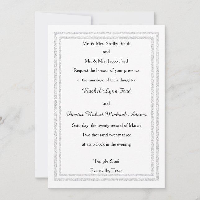 Invitación de Boda con un trazo brillante de plata (Anverso)