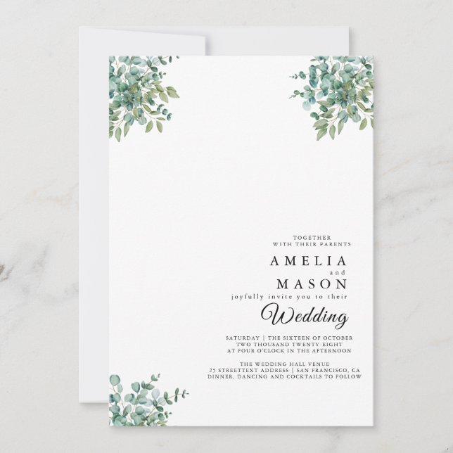 invitación de boda con vegetación de eucalipto (Anverso)
