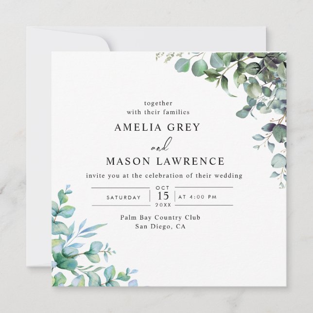 invitación de boda con vegetación de eucalipto (Anverso)