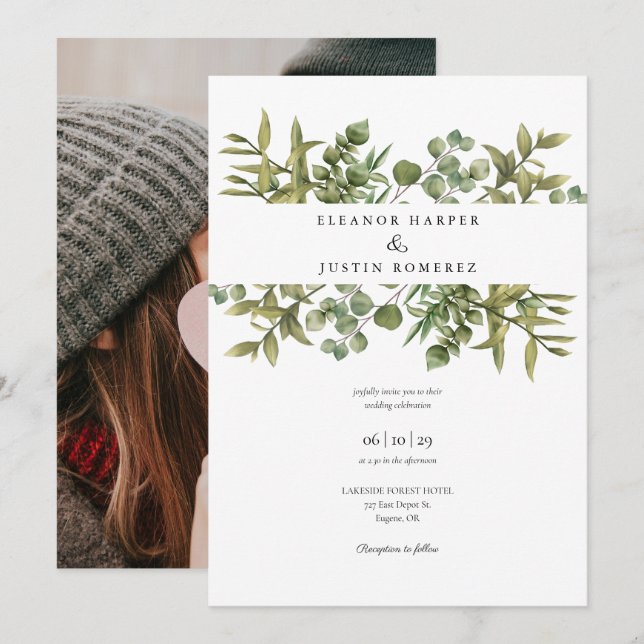 Invitación de boda con vegetación de eucalipto del (Anverso / Reverso)