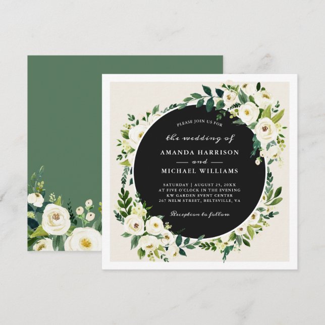 Invitación de boda con vegetación de marfil blanco (Anverso / Reverso)