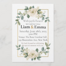 Invitación de boda con vegetación de rosa blanca e