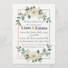 Invitación de boda con vegetación de rosa blanca e