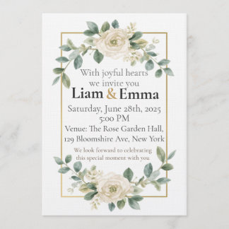 Invitación de boda con vegetación de rosa blanca e