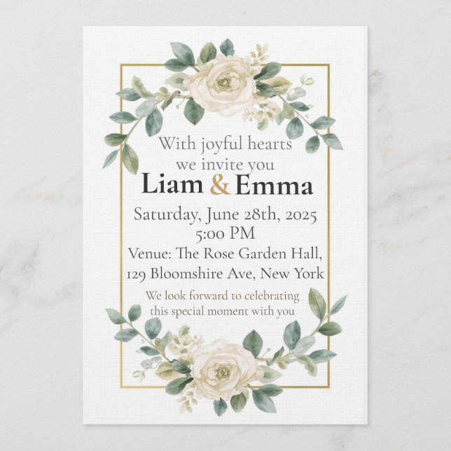 Invitación de boda con vegetación de rosa blanca e (Anverso)