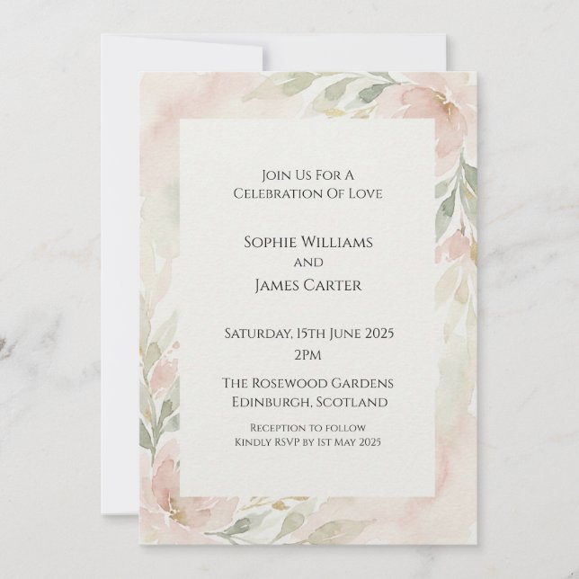 Invitación de boda con vegetación de suave rubor (Anverso)