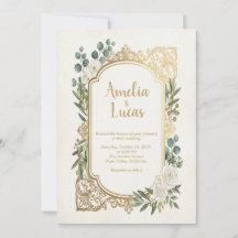 Invitación de boda con vegetación dorada marfil el