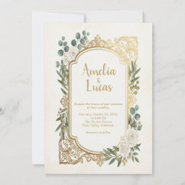 Invitación de boda con vegetación dorada marfil el