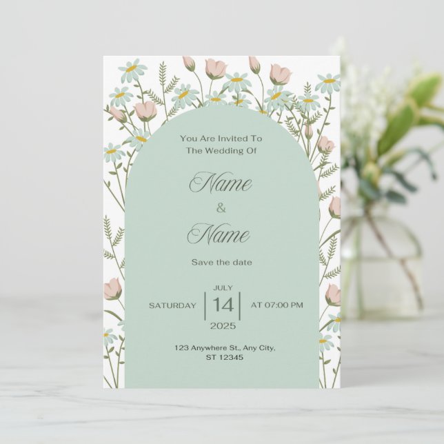Invitación de boda con vegetación elegante  (Anverso de pie)