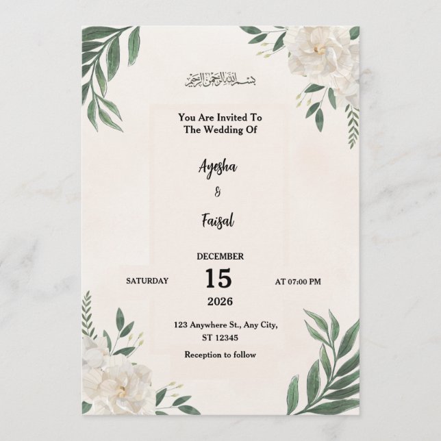 Invitación de Boda con Vegetación Elegante y Blanc (Anverso)
