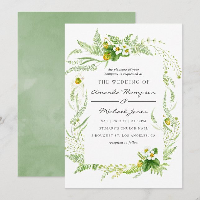 Invitación de boda con vegetación en acuarela (Anverso / Reverso)