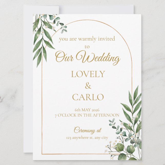 Invitación de boda con vegetación en acuarela (Anverso)