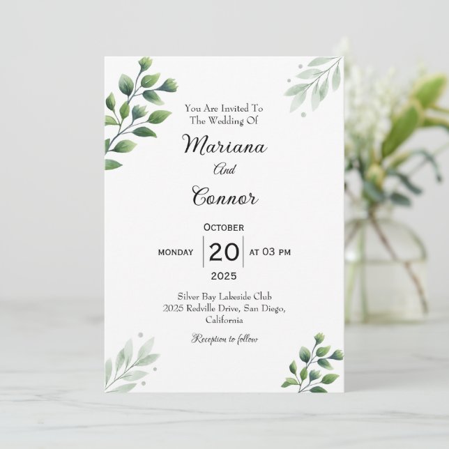 Invitación de boda con vegetación moderna (Anverso de pie)