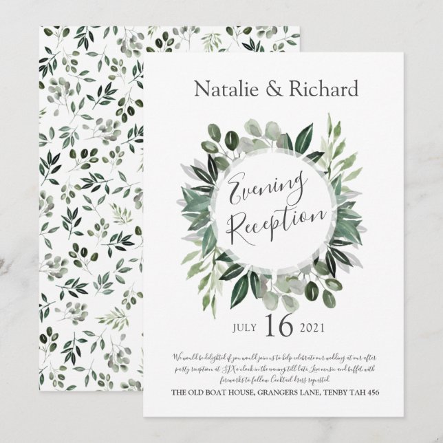 Invitación de boda con vegetación, recepción noctu (Anverso / Reverso)