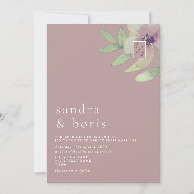 Invitación de boda con vegetación rosa polvorienta (Anverso)
