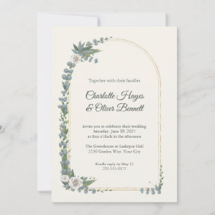 Invitación de boda con ventana de arco dorado y ve