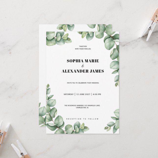 Invitación de boda con verde eucalipto Glow (Anverso/Reverso In Situ)