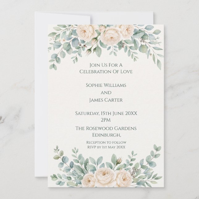 Invitación de Boda con Verde y Marfil Rosa (Anverso)