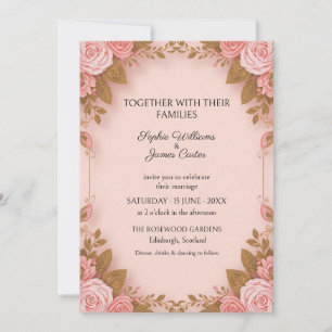 Invitación de boda con vid y rosa dorada en rosa r