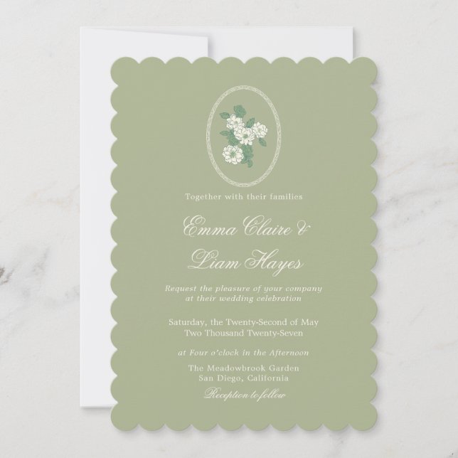 Invitación de boda con volantes en verde salvia (Anverso)