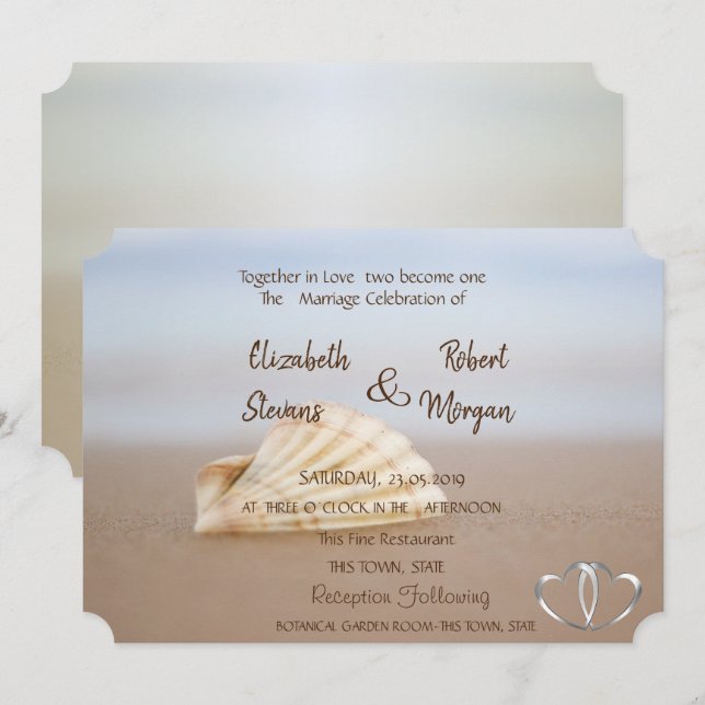 Invitación de Boda Concha de Playa, Corazones (Anverso / Reverso)