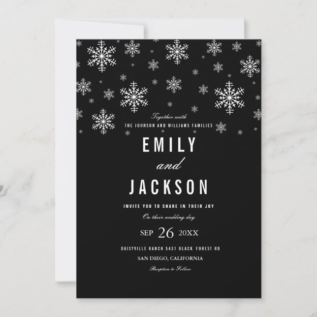 Invitación de boda copo de nieve moderna en blanco (Anverso)