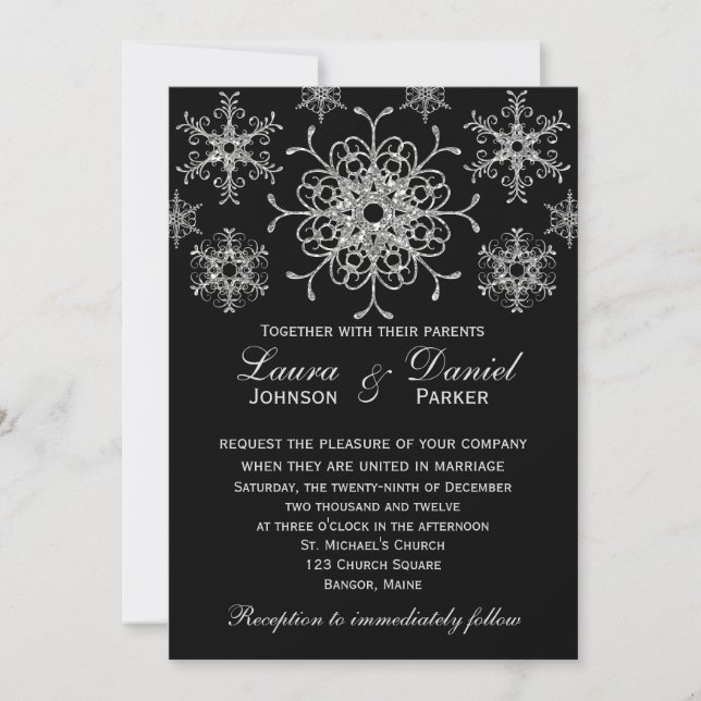 Invitación de Boda Copos de Nieve Aspecto Brillo d (Anverso)