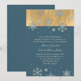 Invitación de boda copos de nieve azul cadete y do