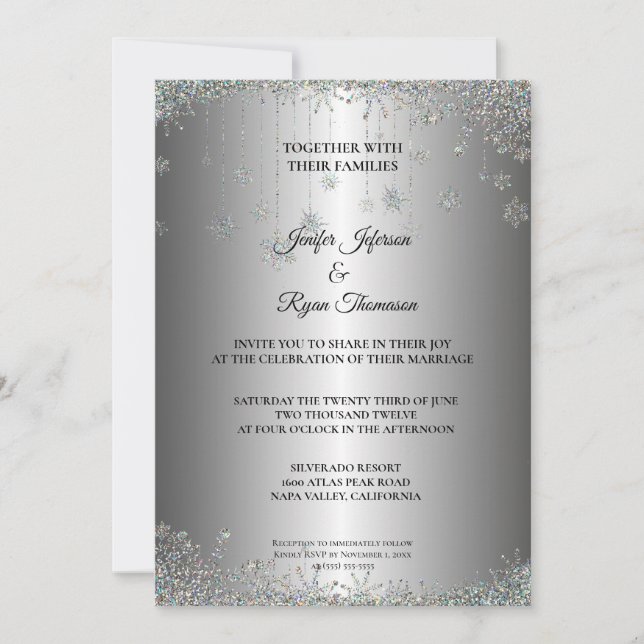 Invitación de boda copos de nieve con brillo de pl (Anverso)