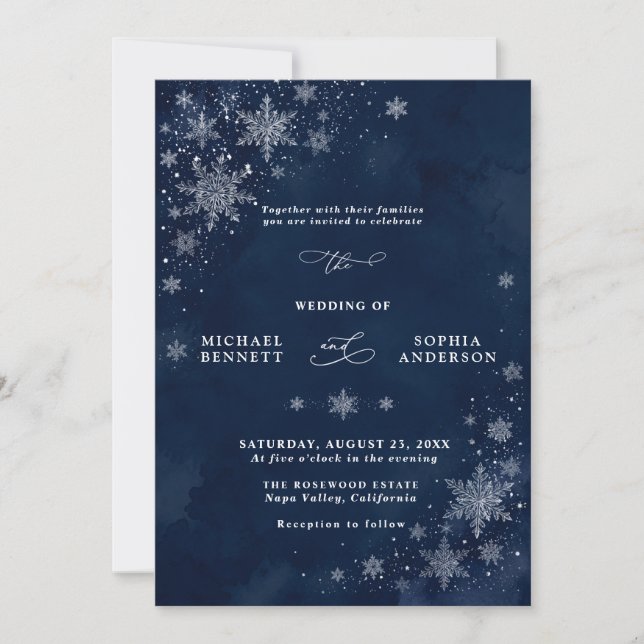Invitación de boda Copos de Nieve de Medianoche (Anverso)