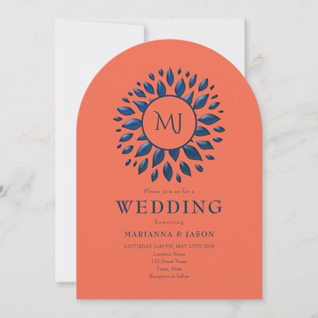 Invitación de Boda Coral y Azul Marino (Anverso)
