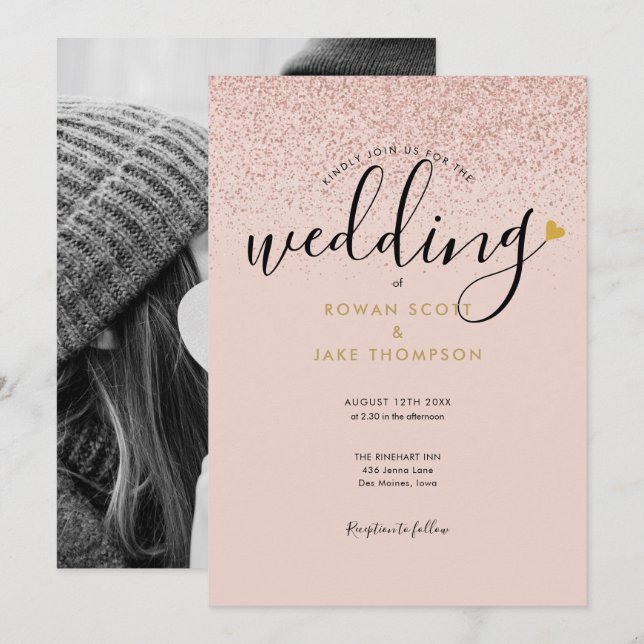 Invitación de Boda Corazón Chic con Brillo Dorado  (Anverso / Reverso)