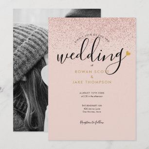 Invitación de Boda Corazón Chic con Brillo Dorado 