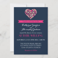 Invitación de Boda Corazón de Amor Azul Marino y R